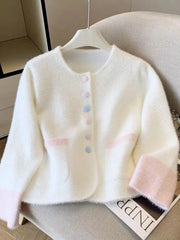 Faux Mink Cashmere Sweet Cardigan Women Long Sleeve O Neck Elegant Knitted Sweaters Korean Fall Winter Fashion Soft Pockets Tops voguable