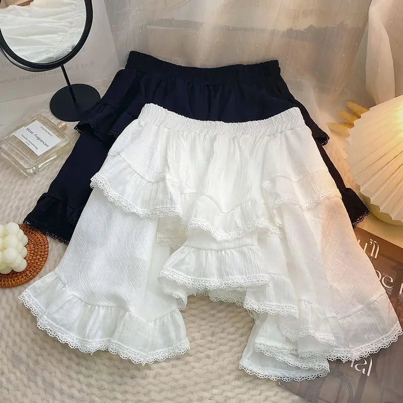 Voguable Elastic Waist White Black Irregular Mini Kawaii Skirt Japanese Style School Y2k Aesthetic Ruffles Short Skirt Women Streetwear voguable