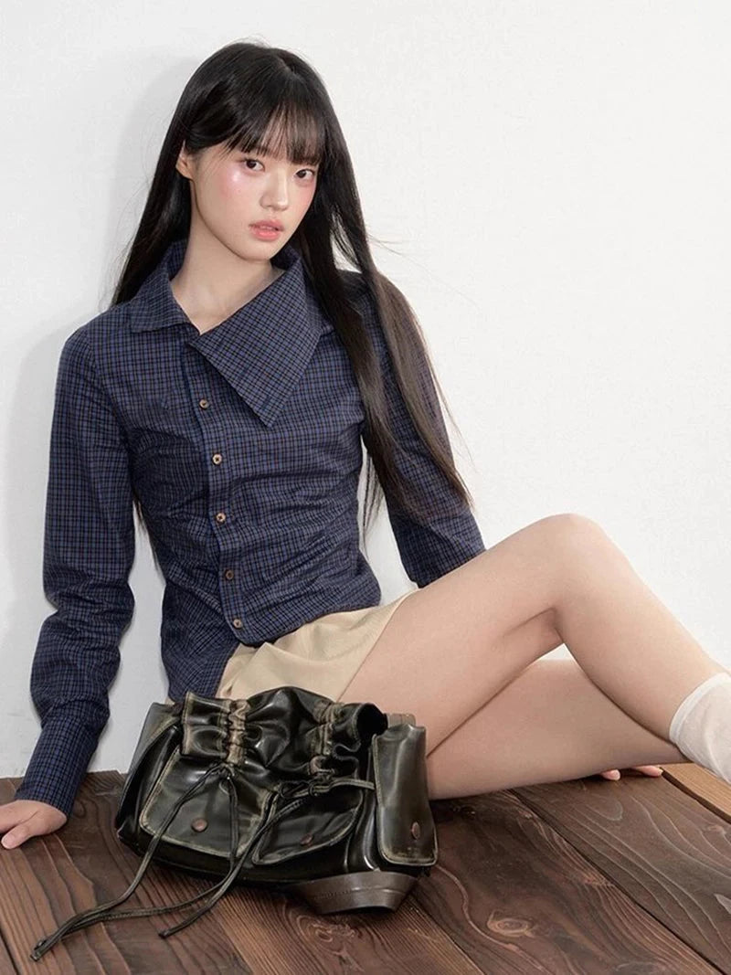 Vintage Slim Plaid Shirt Women Elegant Fall Long Sleeve Design Blouse Casual Preppy Style Female Retro Korean Sweet Tops voguable
