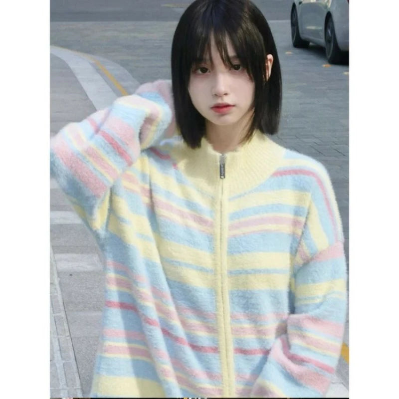 Striped Knit Splice Zipper Stand-UP Collar Sweater Autumn Winter Oversized Pullover Knitwear Women Soft Sweet Simple Cardigan voguable