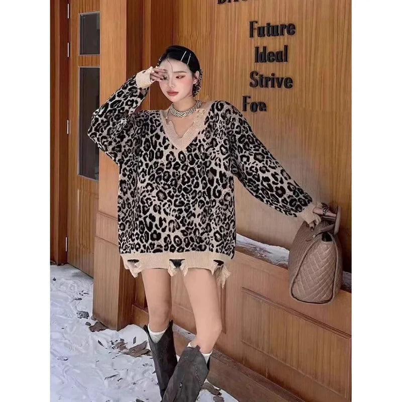 Hip Hop Hole Leopard Sweater Women Loose Streetwear Lazy Wind Y2K Knitted Jumper American Harajuku Vintage Long Sleeve Tops voguable