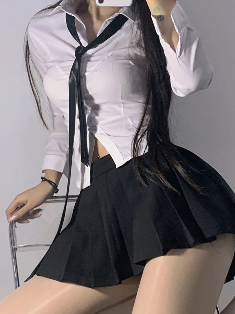 Voguable Sexy Women White Shirt  Slim Short Sleeve Summer School Button Up Shirt Girls JK Casual Tunic Designed Harajuku Tops New voguable