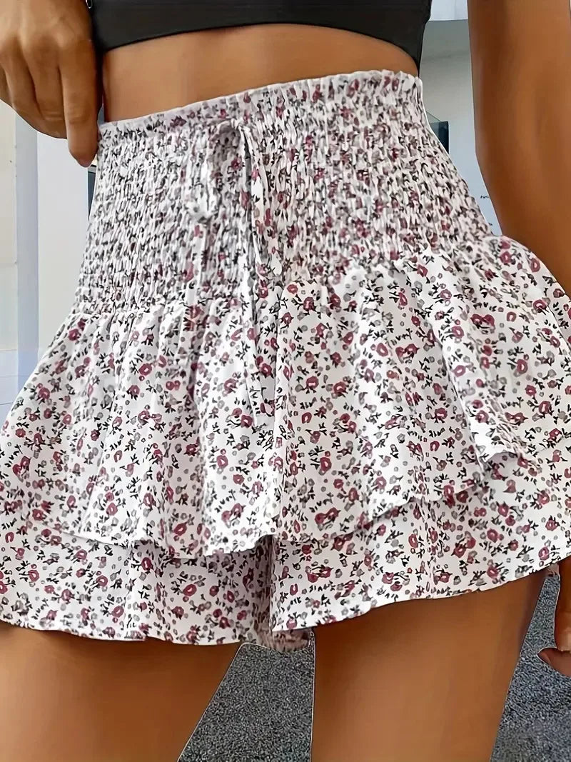 Voguable  Fashion Florals Mini Skirt for Women Summer Casual Waist Shaping Ruffled Hem Short Skirt Woman Drawstring Wide Leg Half Skirts voguable