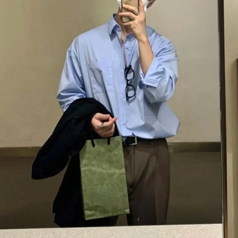 Voguable Korean Fashion Men High-end Light Blue Shirt Men Summer Solid Color Simple Casual Loose Button Pocket Long sleeve Shirts for Men voguable