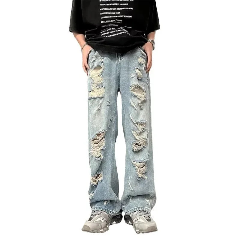 Vintage Distressed Straight-leg Jeans American Style Slimming Bell Bottoms Loose Fit High-waisted Summer Thin Version For Men voguable