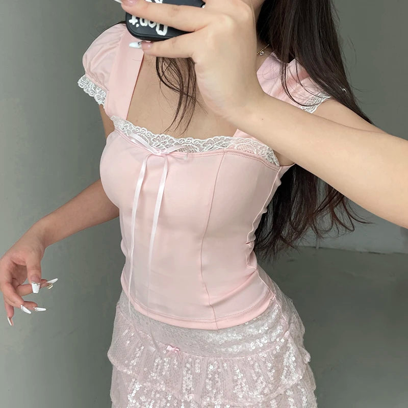 Voguable Y2K Contrast Lace Bow Patchwork Top Women's Summer Casual Basic Slim-fit Short Sleeve T-shirt Coquette Aesthetic Tees voguable