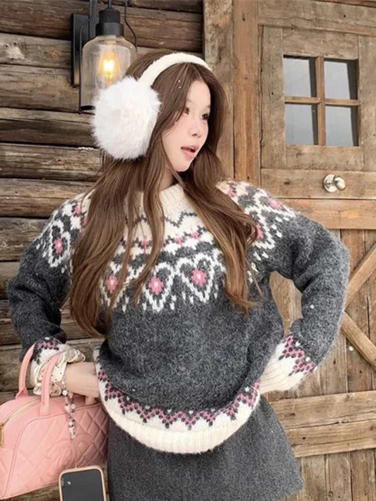 Women Retro Print Christmas Red Sweater O Neck Casual Long Sleeve Sweet Knitted Jumper Vintage Lazy Wind Loose Japan Cute Tops voguable