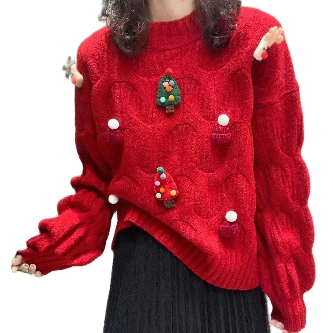 Red Christmas Sweater New Autumn/Winter Women's Unique Colorful Decal Atmosphere Feel Pullover Fashion Versatile Loose Top New Year voguable
