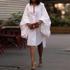 Female Stylish Puff Sleeve Loose Pleated Lapel White Dress New Spring Autumn Split-Side Party Mini Dresses For Women voguable