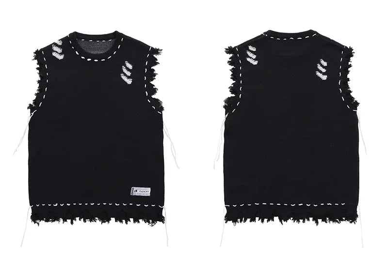 Autumn Men Sleeveless Knitted Jumper Sweaters Hip Hop Ripped Striped Knitwear Vests Streetwear Harajuku Fashion Casual Pullovers voguable