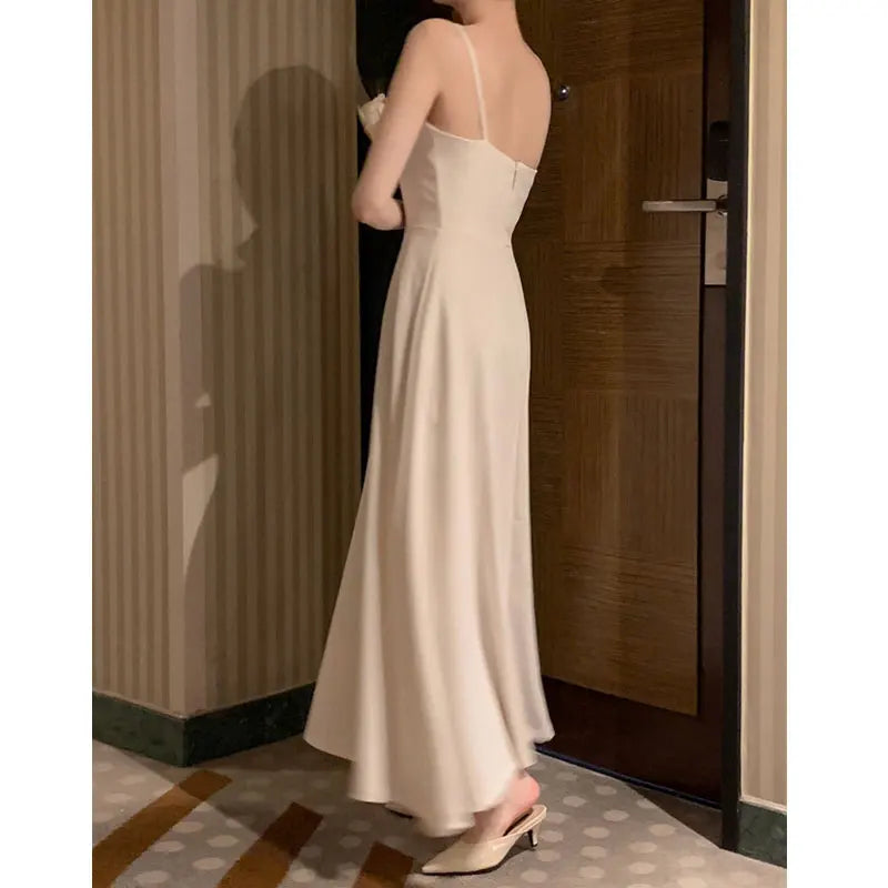 Korea Evening Party Long White Dress Elegant Solid Sleeveless Strap A Line Dress Beach Women One Piece Backless Black Dress 2024 voguable
