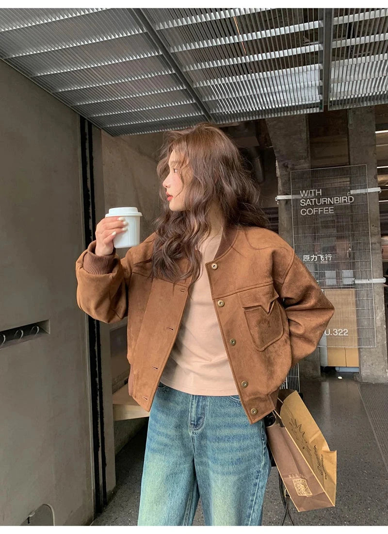 Y2K Retro Baseball Jacket Women Faux Suede Long Sleeve Fall Winter Coat Streetwear Casual American Vintage O Neck Bf Tops voguable