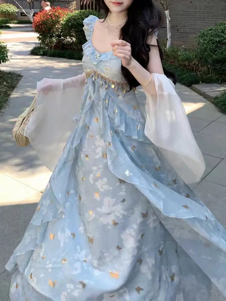 Voguable  Elegant Girl's Long Dress Butterfly Gold Stamping Sparkle Strap Party Dress Women Sweet Beach Vacation Fairycore Dress voguable
