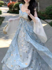Voguable  Elegant Girl's Long Dress Butterfly Gold Stamping Sparkle Strap Party Dress Women Sweet Beach Vacation Fairycore Dress voguable