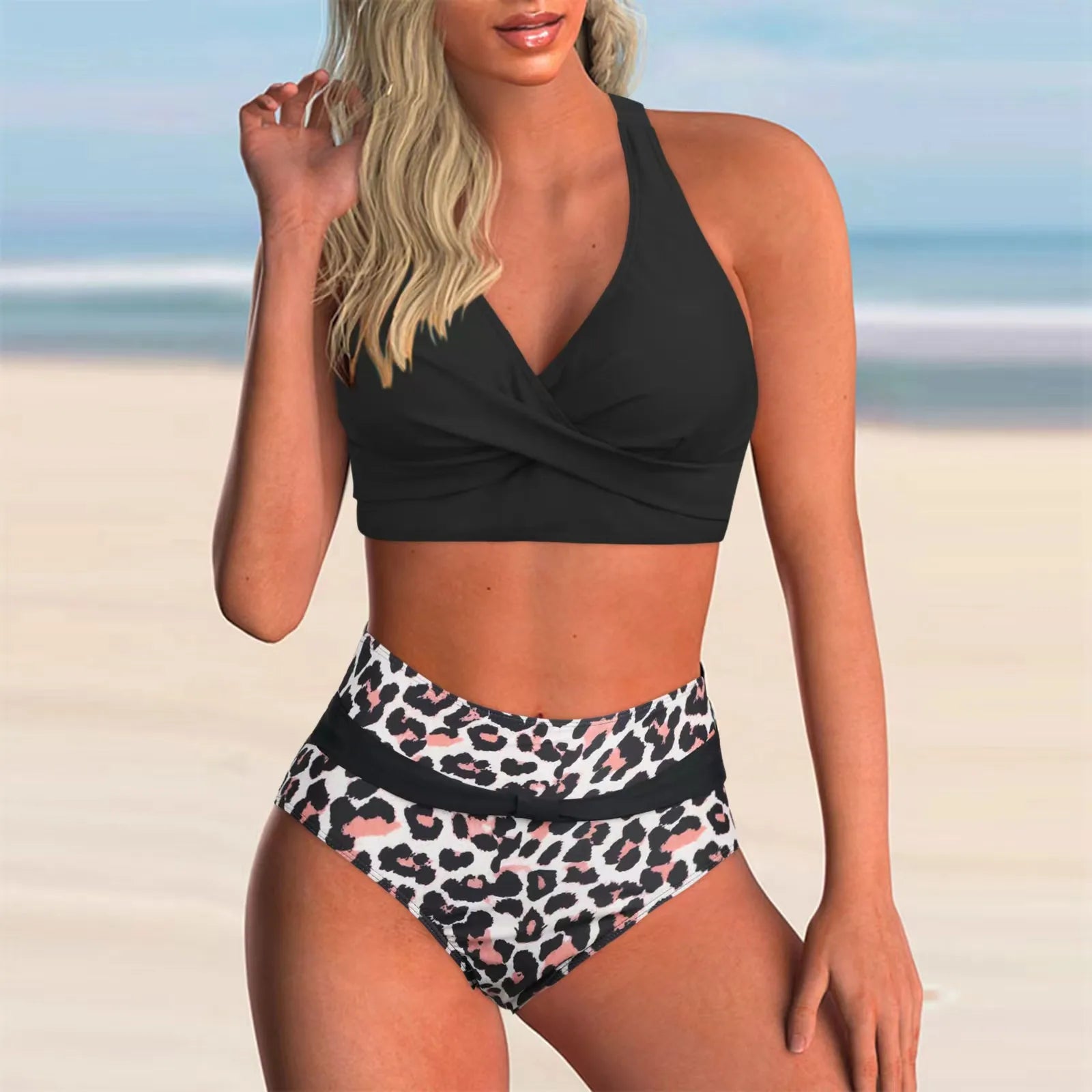 Voguable  Sexy Lace Up V Neck Bikinis Women Split Swimsuit High Waist Beach Bikini New All Season Backless Bikinis 2 Piece Set voguable