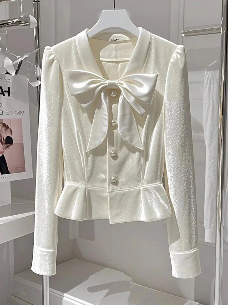 Chic Bow Velvet Elegant Shirt Women Slim Long Sleeve V Neck Fashion Blouse Korean Casual Fall Single Breasted Female Sweet Tops voguable