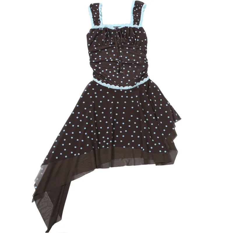 Voguable  Summer Cute Girl's Style Dress Polka Dot Printed Sleevelss Irregular Ruched Hem Slim Women Ruched Birthday Party Mini Dress voguable