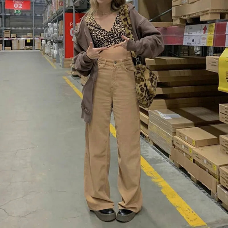 Women High Waist Wide Leg Pants Vintage Corduroy Baggy Trousers Brown Joggers Pants E Girl 90s Aesthetic Girl Sweatpants voguable