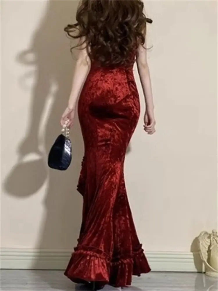 Voguable  Winter French Vintage Velvet Long Dress Women Elegant Slim Spaghetti Strap Folds Dress Sexy Casual Evening Party Y2k Dress voguable