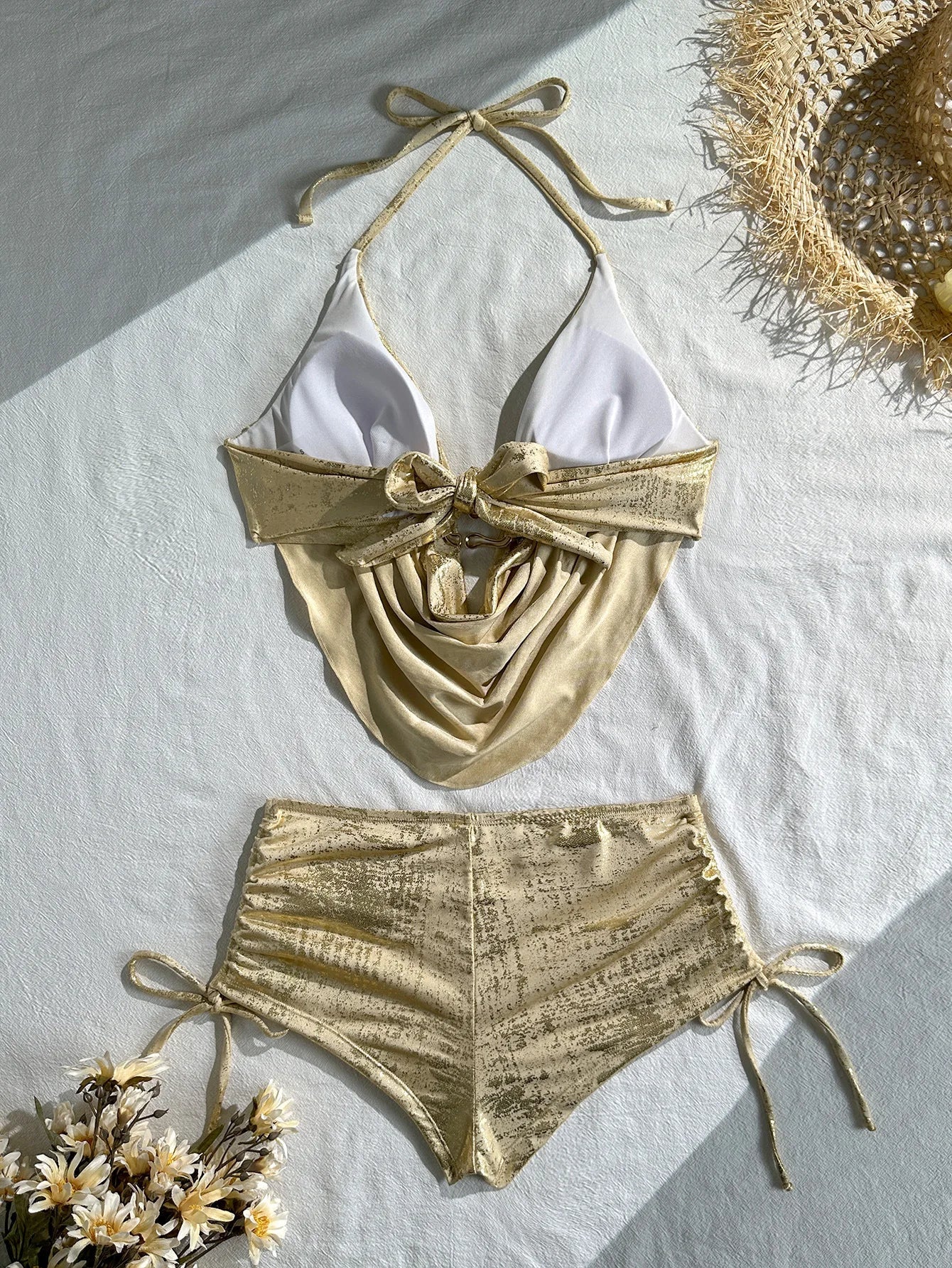 Voguable  Summer Women Shiny Gold Metallic 2 Piece Set Halter Neck with Ring Detail Ruched Top and Side Drawstring Mini Skir Beach Party voguable