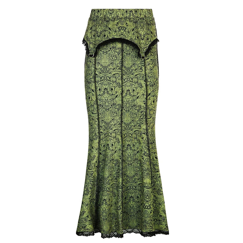 Vintage Printed Lace Trim Mermaid Skirt Grunge Fairycore Slim Mid-Waisted Long Skirts Women Spring Autumn Ladies voguable