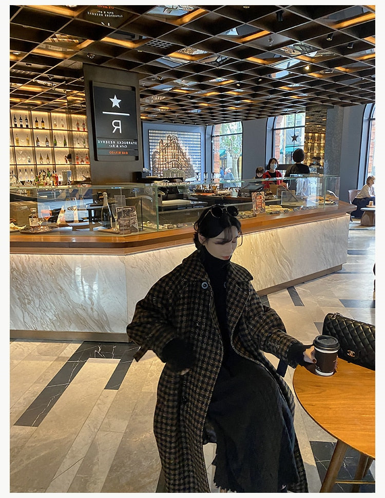 Autumn Winter Long Loose Casual Soft Plaid Woolen Coat Women Double Breasted Stylish Chic Luxury Designer Clothes voguable