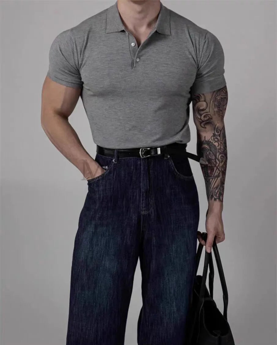 Voguable  American Style Hard Man  Color Ice Silk  Shirt Muscle Men Slim Short Sleeve Workwear T-Shirt Tight Sleeve Casual Gol... voguable