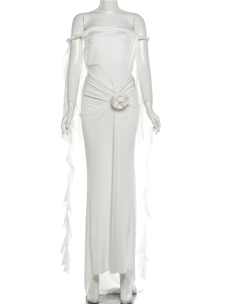 Voguable  Wedding Long Dress Women 3d Flowers Slash Neck Backless Irregular Ruffled Tassels Dinner Party Elegant Chic Vestidos voguable