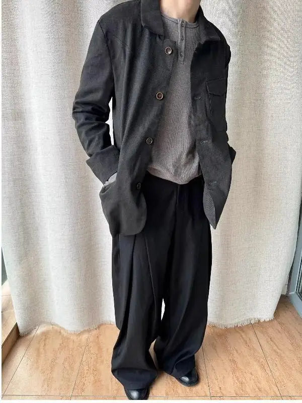 Voguable  Retro Korean Style Men's Casual Pants Knife Shape Drapey Design Pleated Loose Straight Leg Wide Leg Casual Pants voguable