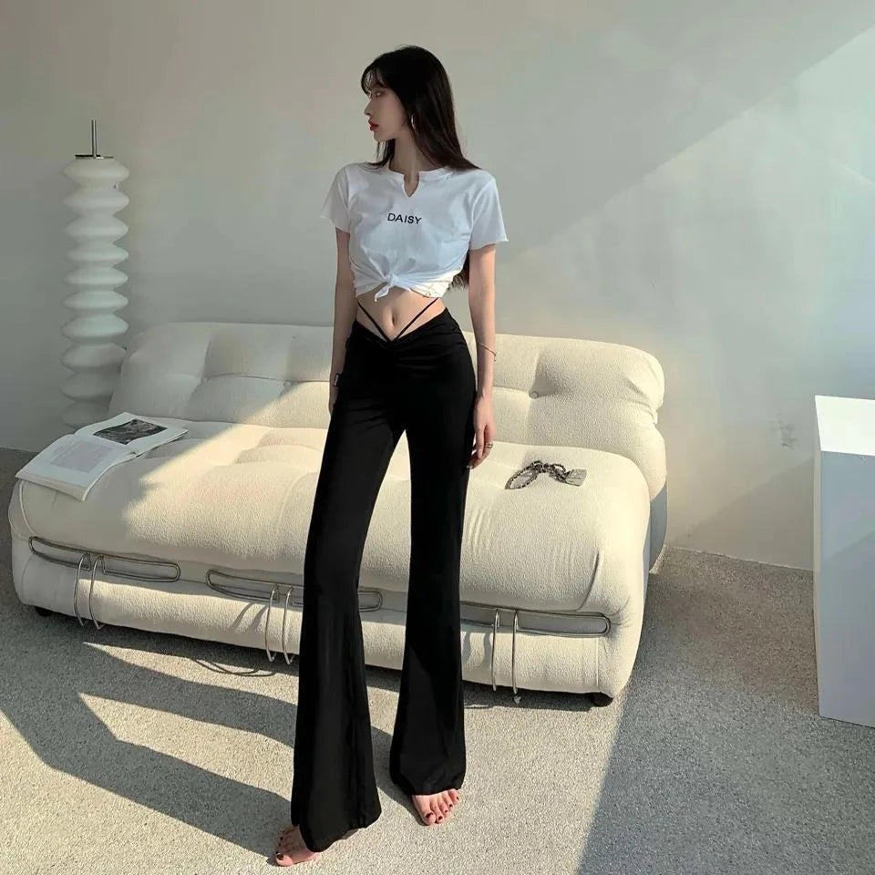 Spring and Autumn High-waist Design Drawstring Long Trousers for Women Slimming Draped Black Floor Wide-leg Bell-bottom Pants voguable