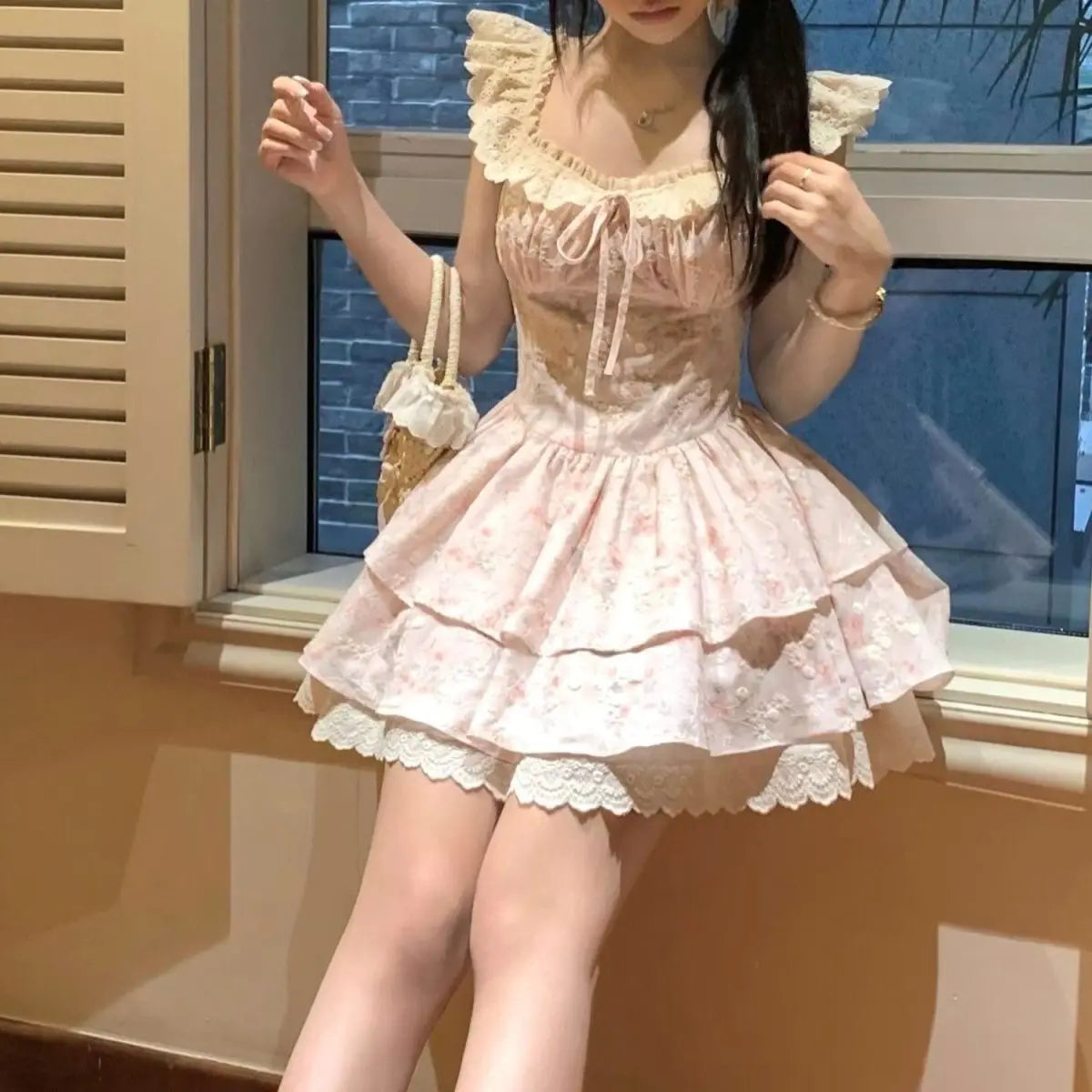 Voguable  French Style Women's Dress Flying Sleeve Summer Patchwork Lace Short Dress Princess Ball Gown Girl Party Dress voguable