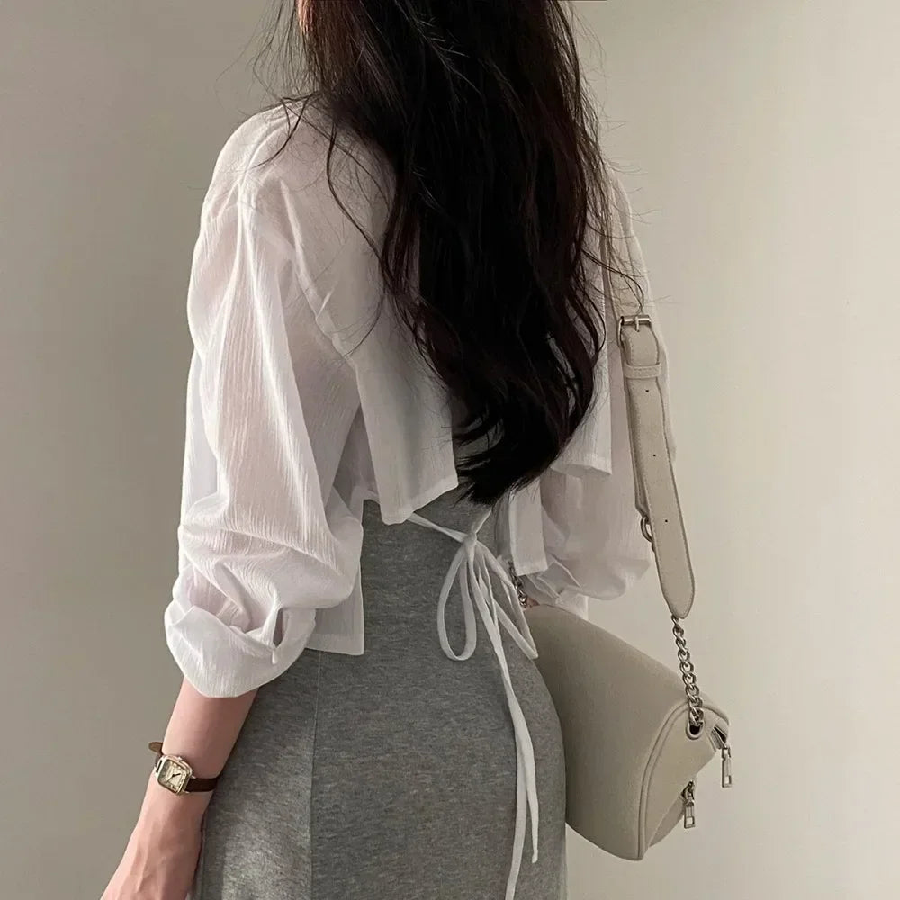 Y2K White Chiffon Sun Protection Shirt Women Korean Chic Loose Single Breasted Crop Tops Sexy See Back Lace Up Blouse voguable