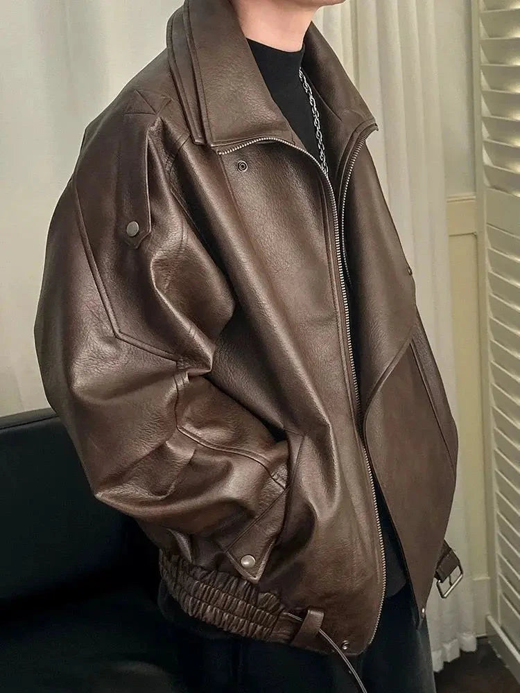 American Spring Autumn Retro PU Jacket Stand Collar Cargo Motorcycle Leather Coat Men Women Trend Casual PU Leather Jacket Urban voguable