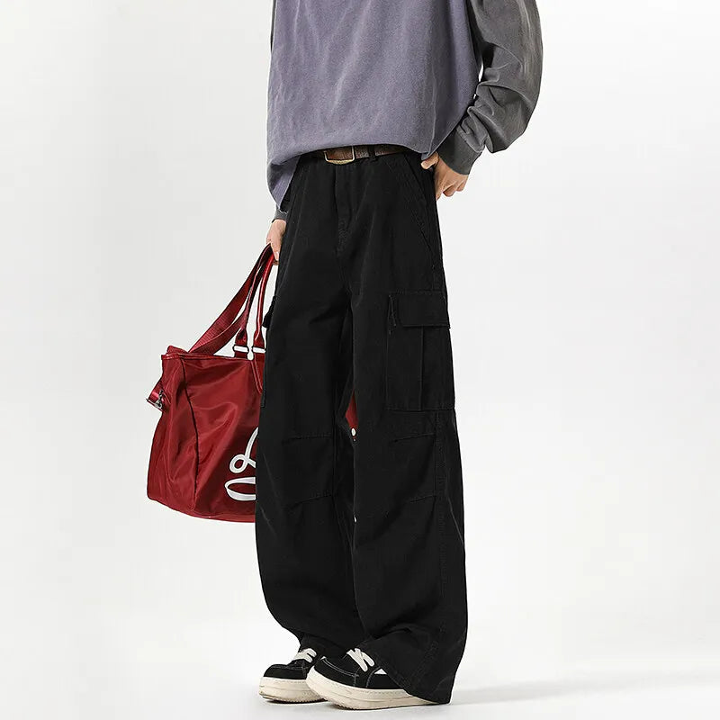 Mens Workwear Cargo Jeans Straight Loose Fit Patchwork Design Denim Pants Casual Outdoor Streetwear Tactical Utility Clothing voguable
