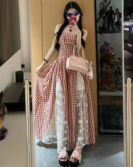 Voguable  Retro Strapless Long Dress Summer Patchwork Lace Dress Slim Women Sleeveless Striped Casual Dress voguable