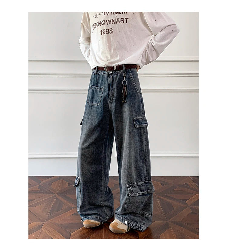 Men Workwear Cargo Jeans New Multi Pocket Loose Straight Leg Baggy Streetwear Denim Pants Urban Casual Trousers 2025 Autumn voguable