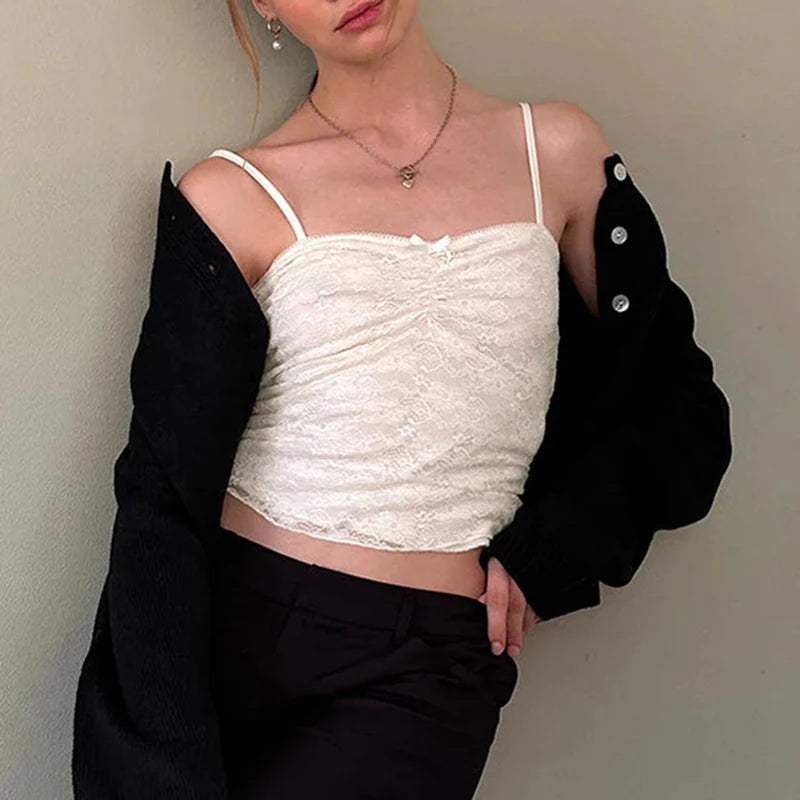 Voguable Sweet Floral Lace Patchwork Crop Top White Black Coquette Aesthetic Double Layer Folds Camis Y2K Cute Sexy Vest  Women voguable