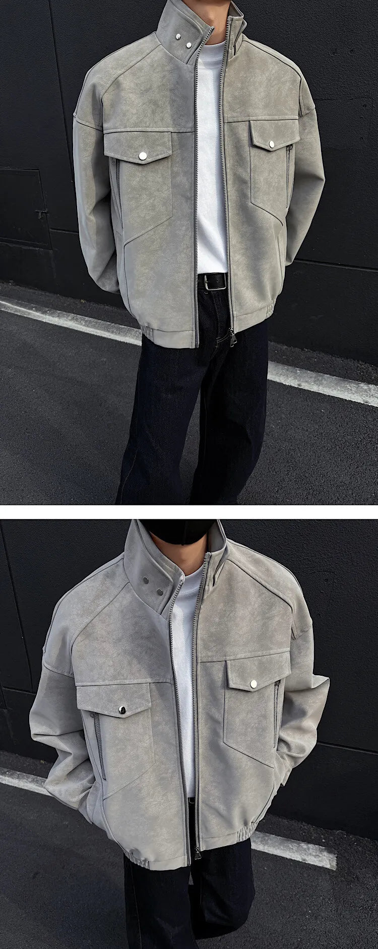 Mens Short Stand Collar Motorcycle Jacket Patchwork Cargo Biker Coat Spring Outdoor Riding Fashion Streetwear Urban Trendy voguable