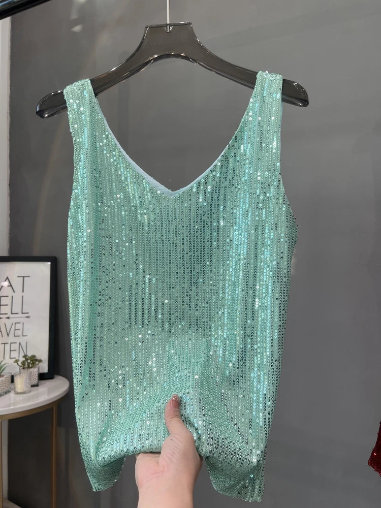 Voguable  New European and American Sequined V-neck Vest Worn Inside A Suit Bottoming Shirt and Worn Outside A Sparkling Top voguable