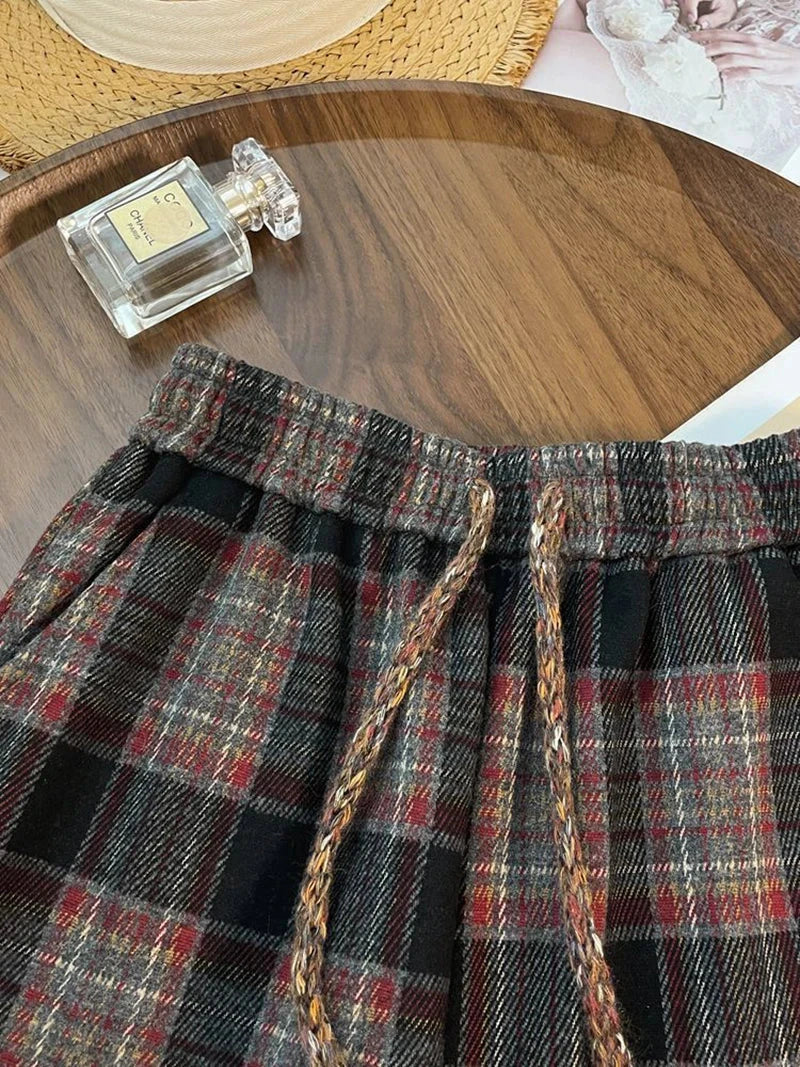 Retro Streetwear Plaid Pants Women Lace Up Loose Hip Hop Straight Trousers High Waist Casual Vintage Harajuku Bf Wide Leg Pant voguable