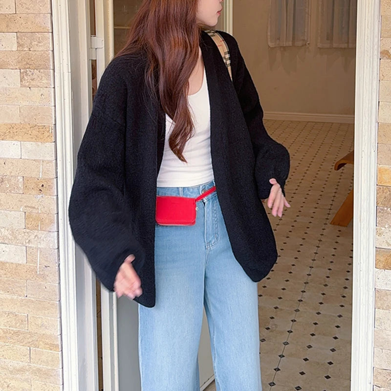 Open Front Knit Cardigan for Women Comfy Balloon Sleeve Open-front Sweater Coat Female Duster Cardi Casual Autumn Winter Outfit voguable