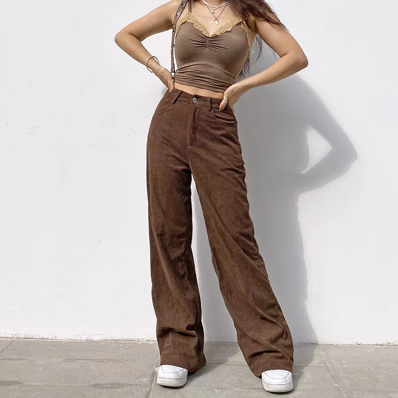 Women High Waist Wide Leg Pants Vintage Corduroy Baggy Trousers Brown Joggers Pants E Girl 90s Aesthetic Girl Sweatpants voguable