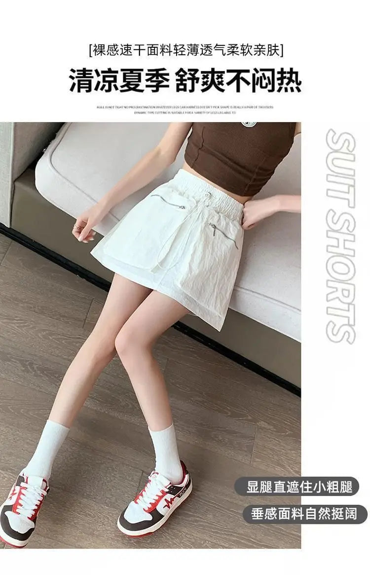 High Waist Drawstring Summer Women Short A Line Skirt Vintage Casual Cargo Big Zipper Pocket Skirt with Safety Shorts Hip Skirts voguable