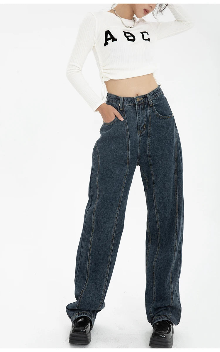 Voguable  Dark Blue Women Jeans High Waist Vintage Straight Baggy Denim Pants Streetwear American Style Fashion Wide Leg Denim Trouser voguable