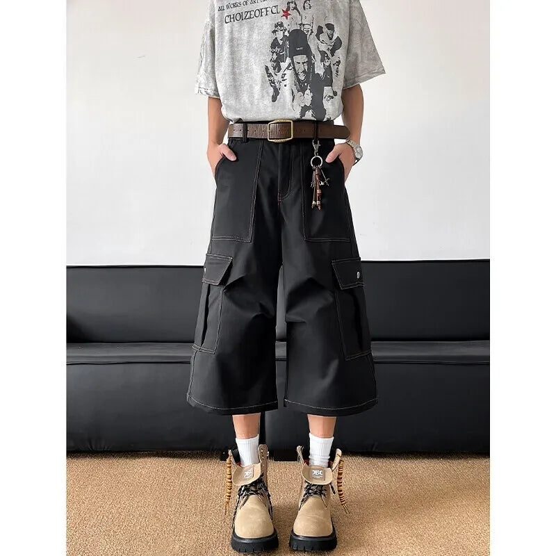 Summer Casual Pants Men Retro Pocket Cargo Pants Men Japanese Streetwear Hip-hop Loose Wide Leg Pants Mens Cropped Trousers voguable