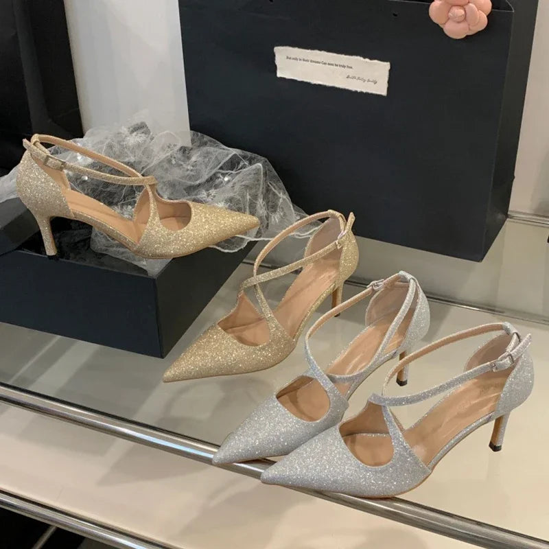 Voguable  Bling Sequin Cloth Pointed Toe Women Pumps Elegant Buckle Strap Thin Low Heels Party Prom Mules Shoes voguable
