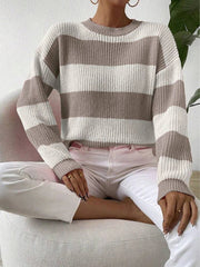 Women's autumn and winter contrasting striped round neck pullover knitted sweater voguable