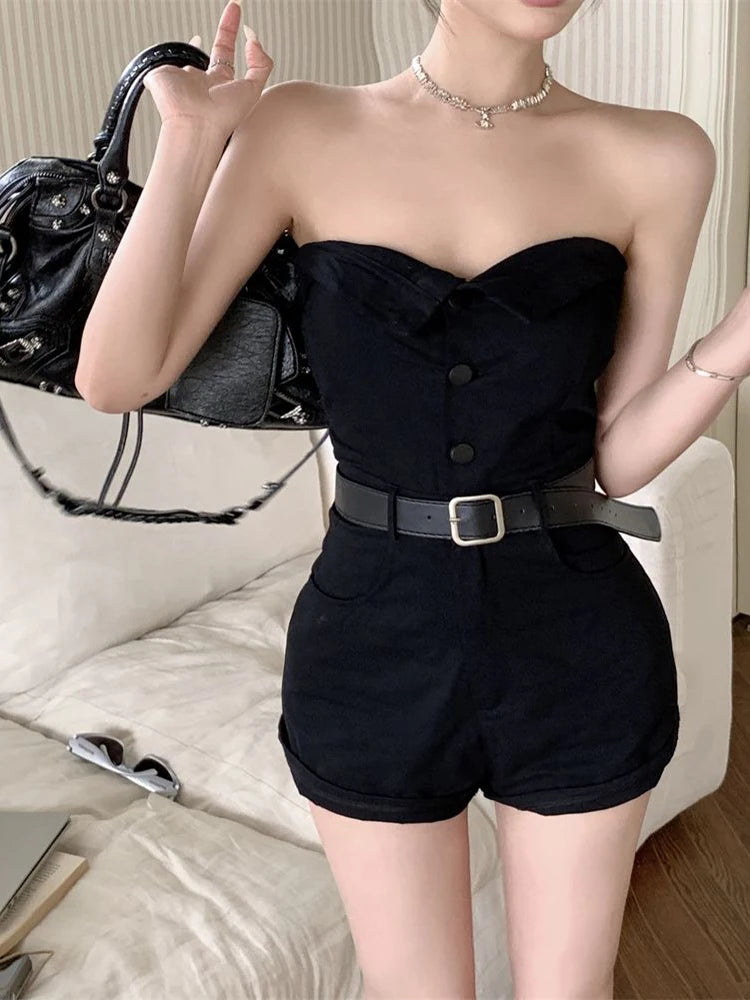 Black One Shoulder Strapless Jumpsuit Women Summer New Hottie Temperament Casual Tube Top High Waist Slim Wide Leg Shorts voguable
