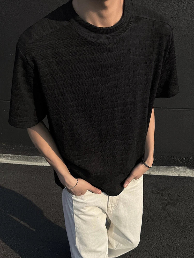 Fashion Textured Knitted T Shirts Mens Spring Summer Casual Solid Color Short Sleeve Slim Men T-shirt Trendy Crew Neck Tee Tops voguable