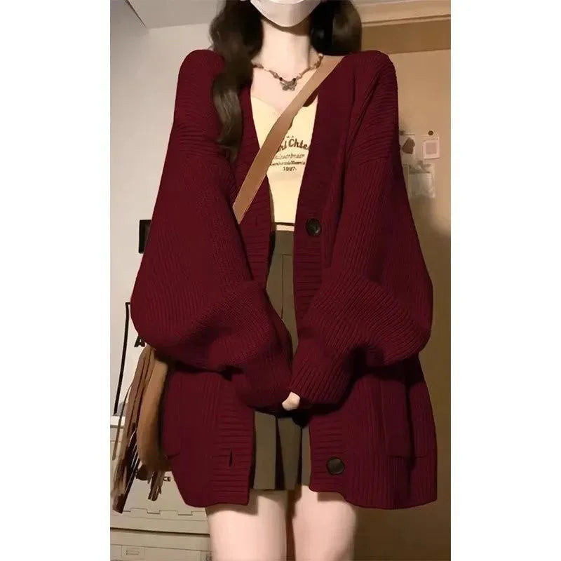 Wine Red Preppy Style Fashion Sweater Coat V-Neck Drop-shoulde Autumn Winter Loose Oversize Long Sleeve Cardigans Knitted Tops voguable